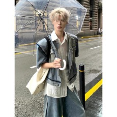 批发美式高街水洗垫肩牛仔短袖夹克男cleanfit小众设计宽松痞帅上衣潮