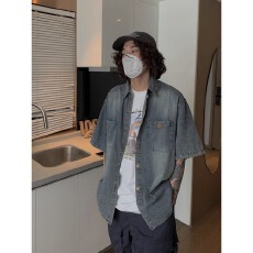 批发美式高街高级感小众牛仔短袖衬衫男女<b class='q'>夏</b>季潮牌宽松水洗休闲外套潮