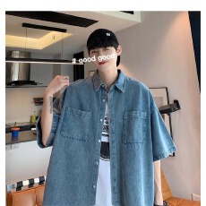 批发美式高街高级感小众牛仔短袖衬衫男女<b class='q'>夏</b>季潮牌宽松水洗休闲外套潮