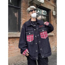 批发春季<b class='q'>牛仔</b>外套男2025年新款痞帅宽松夹克男女潮牌口袋格子拼接褂子