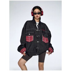 批发春季<b class='q'>牛仔</b>外套男2025年新款痞帅宽松夹克男女潮牌口袋格子拼接褂子