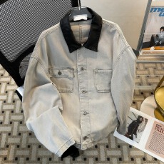 批发【水洗<b class='q'>牛仔</b>拼接PU皮领】外套男女春季款中性工装褂子美式高街情侣