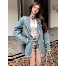 批发美式复古毛边西装领<b class='q'>牛仔</b>外套女oversized宽松慵懒风小众休闲上衣