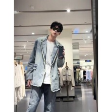 批发美式复古水洗做旧毛边西装牛仔外套男潮高级感cleanfit西服夹克衫