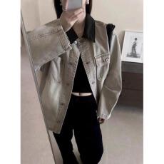 批发灰色拼接pu皮领<b class='q'>牛仔</b>外套男女秋冬款中性工装褂子美式高街情侣夹克