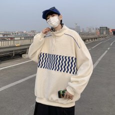 批发<b class='q'>日系</b><b class='q'>复古</b>拼色立领运动卫衣男2023潮牌街头bf宽松情侣套头外套