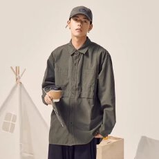 批发复古工装衬衫外套男长袖休闲港风宽松学生春上衣日系衬衣服