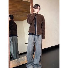 批发春秋韩版时髦vintage复古系扣立领麂皮绒夹克男士宽松短款外套潮