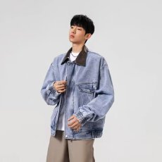 批发男道美式高街廓形水洗牛仔翻领夹克男女<b class='q'>春</b>季新款痞帅短款外套潮
