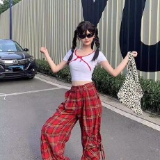 批发美式复古格子红色裤子女2024新款秋季宽松直筒阔腿<b class='q'>休闲</b>拖地裤子潮