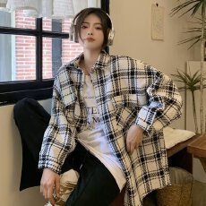 批发美式ins潮牌小香风外套男春秋格子毛呢大衣服宽松夹克男女同款