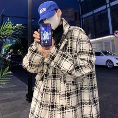 批发特大码300斤美式ins潮牌小香风外套男春秋格子毛呢大衣服宽松夹克