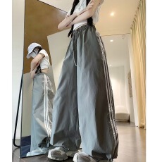 批发立体包边【塔丝隆复合】复古侧条纹灰色运动裤女三条杠速干工装裤