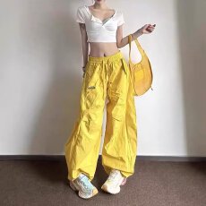 批发立体包边【塔丝隆复合】裤女夏季宽松辣妹街舞运动裤阔腿工装裤