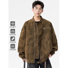 批发复古水洗做旧PU皮夹克男款秋冬cleanfit高级感垫肩立领机车服外套