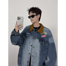 批发2025美式拼接复古牛仔外套潮流个性<b class='q'>嘻哈</b>街头重工机车夹克男