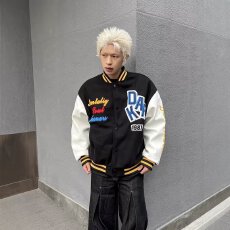 批发【龙凤尼拼皮原版质量】2025春<b class='q'>秋</b>刺绣棒球服男女情侣宽松夹克外套