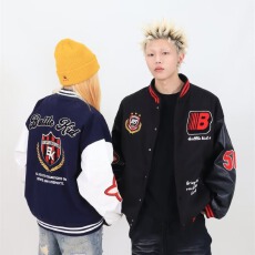 批发【龙凤尼拼皮原版质量】徽章拼接撞色棒球<b class='q'>服</b>男女秋冬宽松夹克外套