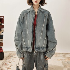 批发美式高街复古水洗解构毛边重工牛仔夹克男女同款宽松百搭休闲外套