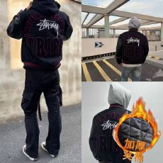 批发【夹棉】夹克男生春秋季美式复古印花棒球服高街痞帅外套情侣款