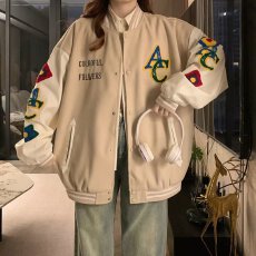 批发美式复古毛巾绣拼色<b class='q'>棒球</b>服男女款秋季潮牌宽松情侣百搭夹克<b class='q'>外套</b>