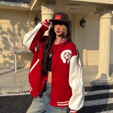 批发【重磅毛呢拼皮十字架贴皮刺绣】棒球服外套春<b class='q'>秋</b>2025新款夹克情侣