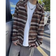 批发连帽毛呢<b class='q'>外套</b>男款冬季小香风条纹高级感短款加厚拉链<b class='q'>夹克</b><b class='q'>男士</b>