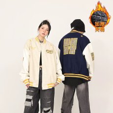 批发[龙凤尼拼皮袖加棉 ]棒球<b class='q'>服</b>女国潮牌宽松春秋插肩袖外套高街夹克