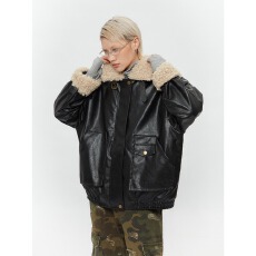 批发【棉服原版皮夹棉拼羊羔领】外套男女痞帅情侣羊羔毛拼接皮棉服