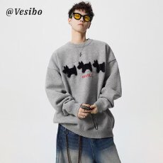 批发小黑狗提花圆领毛衣男女情侣秋冬新款宽松休闲百搭慵懒风上衣