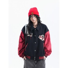 批发【重磅抖音品质毛呢拼接麂皮绒】美式复古撞色拼接夹克棒球服男女