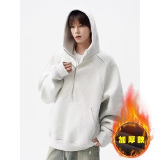 批发美式潮流秋冬运动休闲加厚百搭简约半拉链外套廓形宽松连帽卫衣男