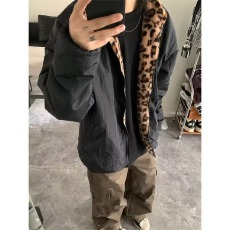 批发标准日系豹纹仿貂绒情侣外套棉衣夹克加厚青少年潮流潮慵懒立领