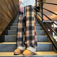 批发加绒加厚【格子拼羊羔绒】新款高腰宽松慵懒直筒休闲加绒阔腿裤子