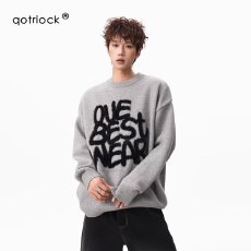 批发美式圆领字母提花毛衣<b class='q'>秋</b>冬情侣款宽松复古慵懒风百搭上衣情侣款