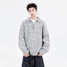 秋冬半拉链麻花针织衫秋季男装韩系宽松百搭设计感翻领套头毛衣