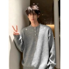 批发【原版高质量北极绒刺绣亨利针织衫】韩系秋冬穿搭高级感毛衣慵懒