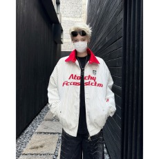 原版竖条纹布刺绣字母翻领条纹夹克男春季高街宽松飞行服外套