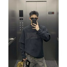 假两件小高领字母刺绣卫衣男女秋季新款美式潮流高街宽松百搭卫衣