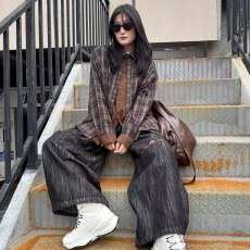 批发（原版布料）春秋季美式复古<b class='q'>格子</b>拼接衬衫男女假两件设计休闲外套