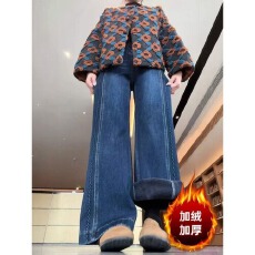 批发美式复古蓝微喇裤女2025秋冬新<b class='q'>大码</b>胖mm高腰显瘦小个子喇叭牛仔裤