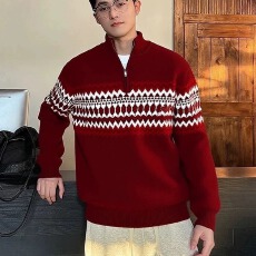 复古半拉链高领毛衣男女费尔岛提花宽松慵懒套头针织上衣