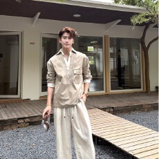 批发2026美式复古工装衬衫男秋冬季宽松<b class='q'>潮</b>牌休闲长袖猎装衬衣外套男