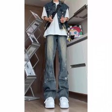 批发美式复古蓝色排扣牛仔裤阔腿宽松潮男高级感裤子直筒<b class='q'>修身</b>微喇叭裤