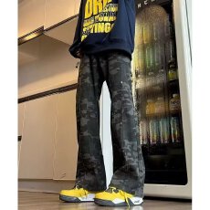 批发迷彩工装牛仔裤男女春<b class='q'>秋</b>季新款美式高街复古裤子宽松直筒阔腿长裤