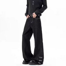 批发美式复古做旧牛仔裤男女<b class='q'>冬</b>季高街百搭休闲微喇裤潮牌宽松拖地长裤