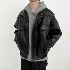 批发复古机车软皮衣外套男美式仿真皮痞帅短款秋春季高级感飞行员夹克