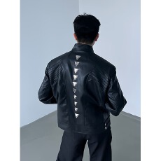 批发原版金属脊背拼接皮衣【重工有垫肩】重工垫肩皮衣外套男女同款