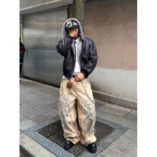 批发霜冻裂纹皮1500G仿水貂连帽座山雕PU皮外套高级感加绒棉服夹克<b class='q'>潮</b>