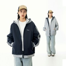 批发日系运动条纹连帽开衫<b class='q'>卫衣</b>外套<b class='q'>男</b>春季潮牌复古宽松休闲双面穿夹克